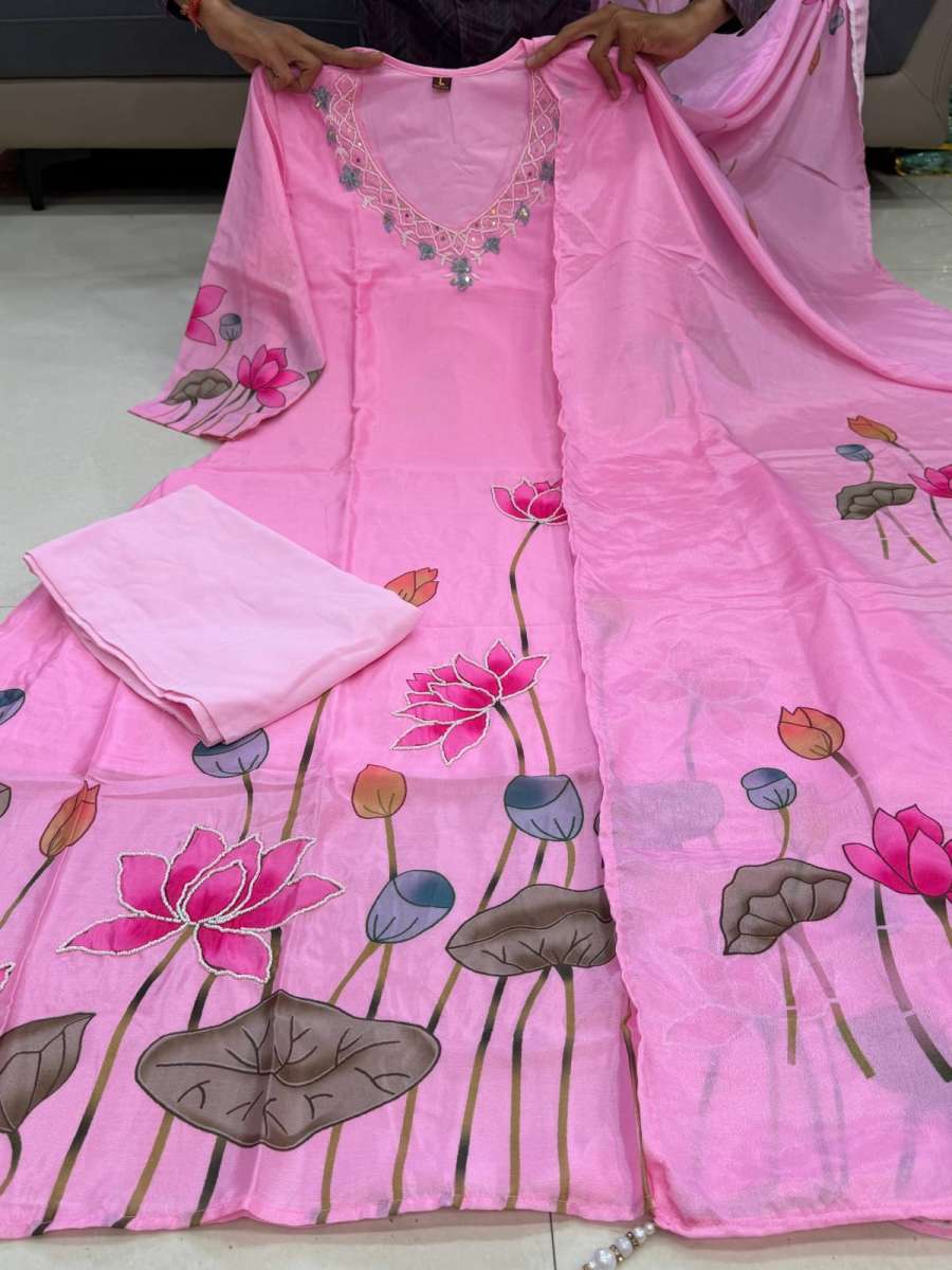MOST PICKED CHINON HAND WORK TOP BOTTOM WITH DUPATTA DAILY WEAR WHOLESALE PRICE ETHNIC GARMENT (11)