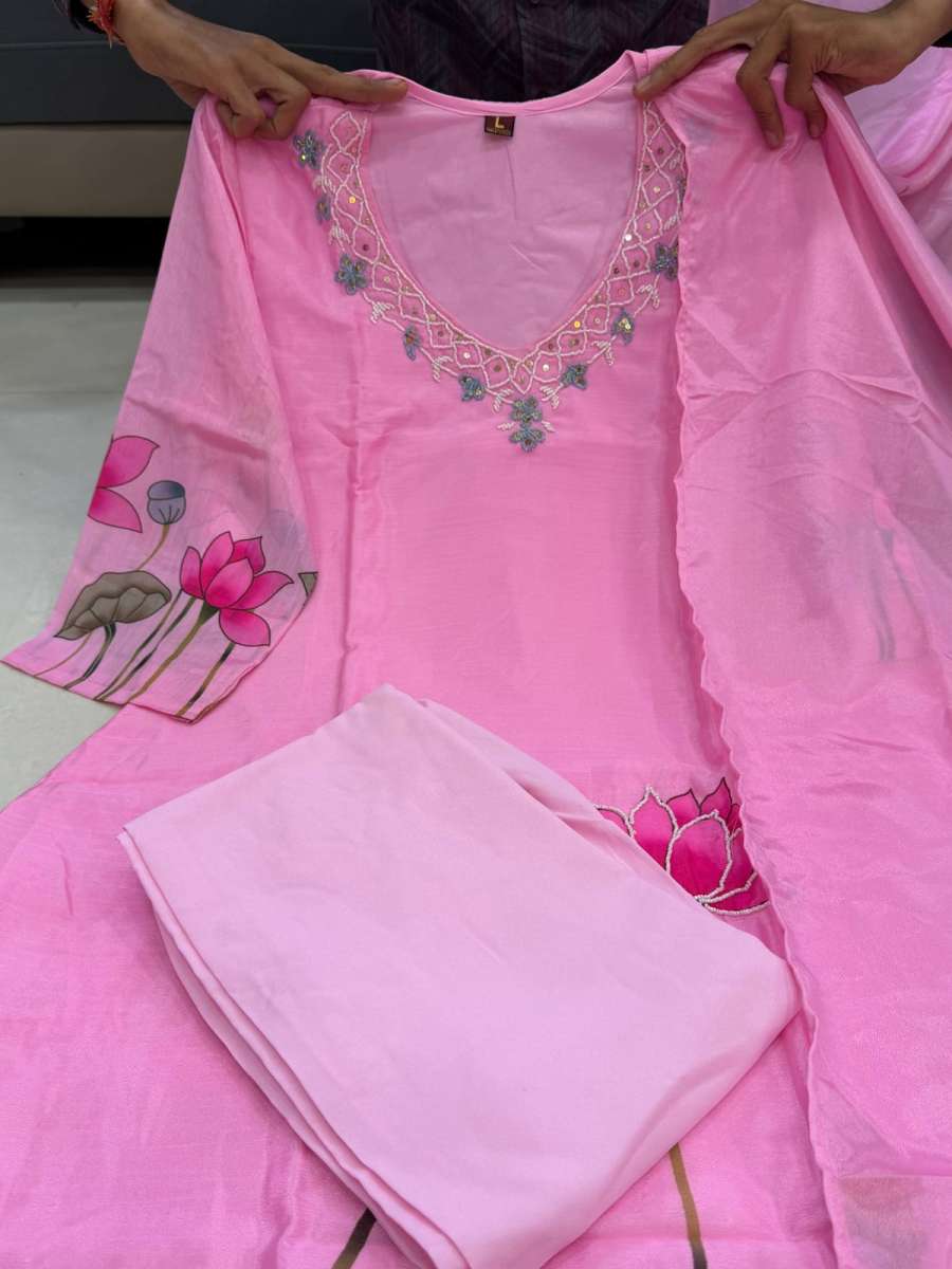MOST PICKED CHINON HAND WORK TOP BOTTOM WITH DUPATTA DAILY WEAR WHOLESALE PRICE ETHNIC GARMENT (12)