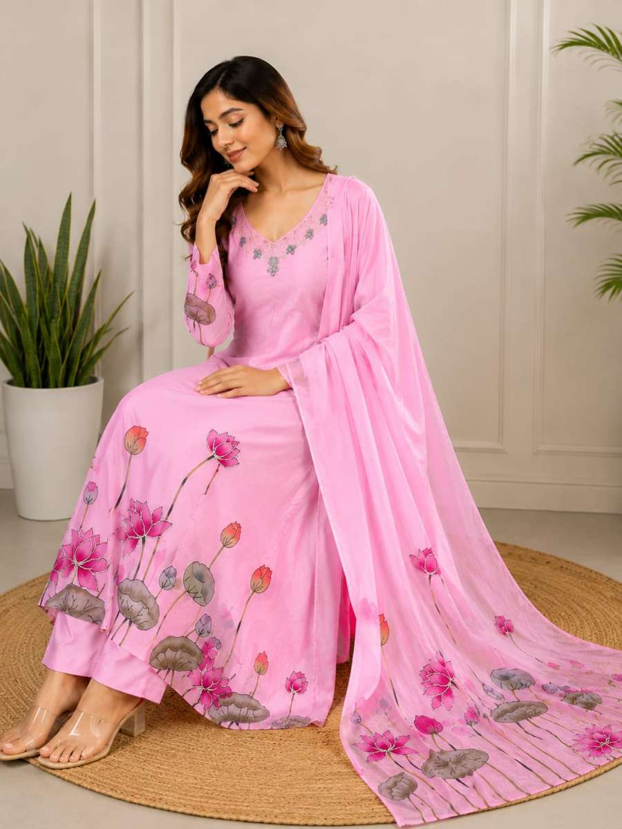 MOST PICKED CHINON HAND WORK TOP BOTTOM WITH DUPATTA DAILY WEAR WHOLESALE PRICE ETHNIC GARMENT (4)
