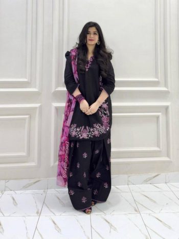 MOST PICKED FRENCH CREPE THREAD EMBROIDERY WORK TOP PATIYALA WITH DUPATTA BLACK AND PINK
