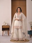 NEW ARRIVAL CRUNCHY SILK EMBROIDERY WORK TOP PALAZZO WITH DUPATTA WHITE