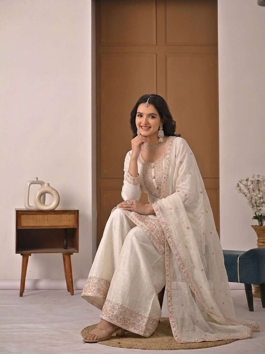 NEW ARRIVAL CRUNCHY SILK EMBROIDERY WORK TOP PALAZZO WITH DUPATTA FORMAL WEAR WHOLESALE PRICE ETHNIC GARMENT (9)