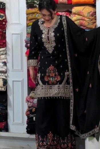 NEW ARRIVAL GEORGETTE EMBROIDERY SEQUENCE & CODING-DORI WORK WITH MOTI LATKAN BORDER TOP PALAZZO WITH DUPATTA BLACK