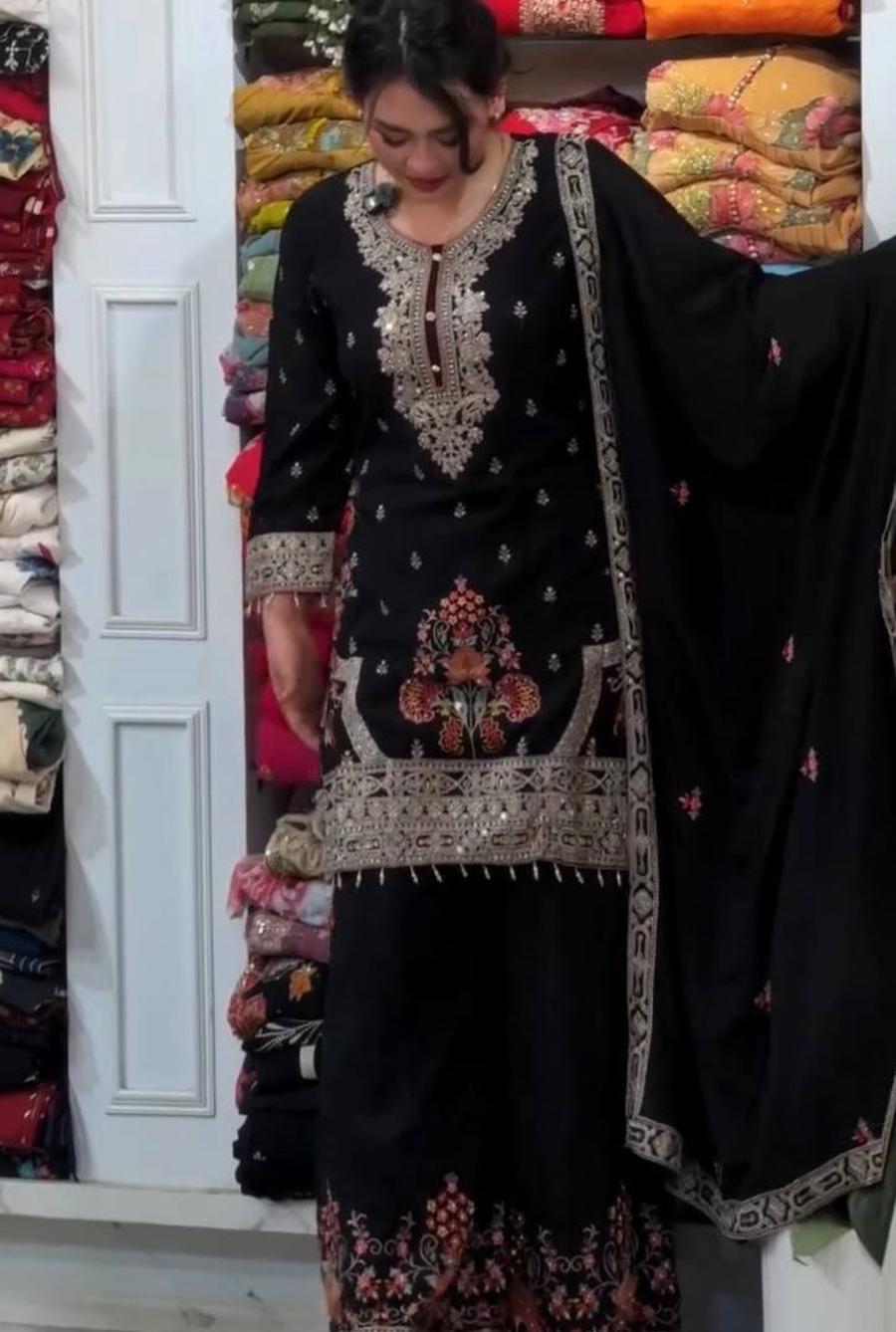 NEW ARRIVAL GEORGETTE EMBROIDERY SEQUENCE & CODING-DORI WORK WITH MOTI LATKAN BORDER TOP PALAZZO WITH DUPATTA FESTIVE WEAR WHOLESALE PRICE ETHNIC GARMENT (1)