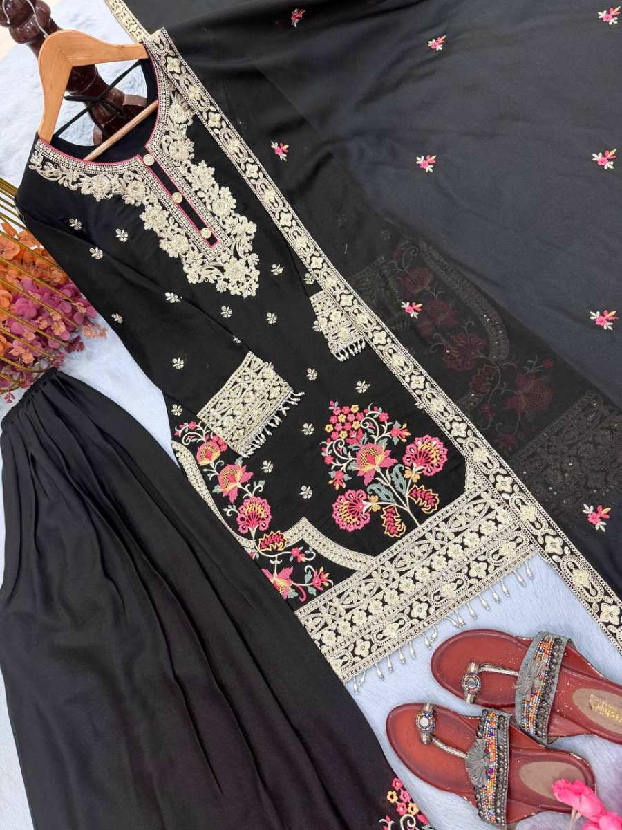 NEW ARRIVAL GEORGETTE EMBROIDERY SEQUENCE & CODING-DORI WORK WITH MOTI LATKAN BORDER TOP PALAZZO WITH DUPATTA FESTIVE WEAR WHOLESALE PRICE ETHNIC GARMENT (6)