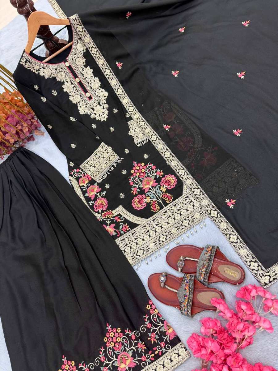 NEW ARRIVAL GEORGETTE EMBROIDERY SEQUENCE & CODING-DORI WORK WITH MOTI LATKAN BORDER TOP PALAZZO WITH DUPATTA FESTIVE WEAR WHOLESALE PRICE ETHNIC GARMENT (7)