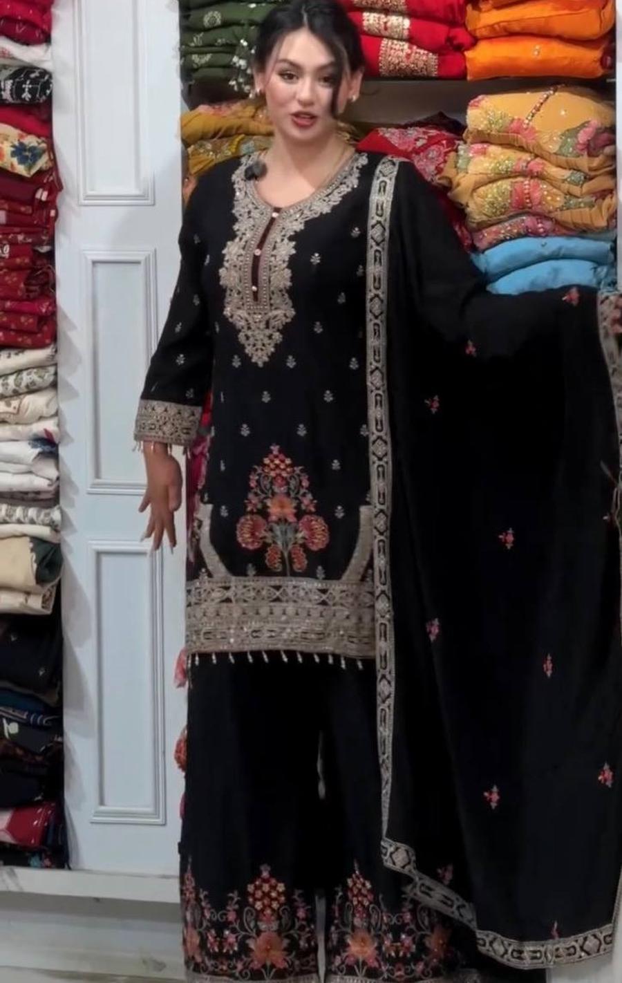NEW ARRIVAL GEORGETTE EMBROIDERY SEQUENCE & CODING-DORI WORK WITH MOTI LATKAN BORDER TOP PALAZZO WITH DUPATTA FESTIVE WEAR WHOLESALE PRICE ETHNIC GARMENT (9)