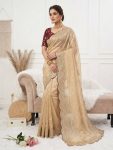 NEW ARRIVAL GMY SILK SEQUENCE AND MULTI THREAD ARCO CUT WORK BORDER SAREE WITH UNSTITCHED BLOUSE CREAM