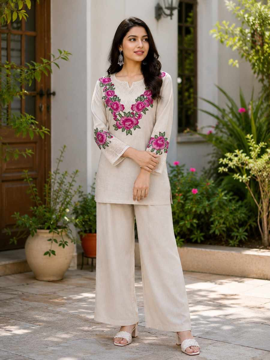 NEW ARRIVAL JUTE COTTON MULTI EMBROIDERY THREAD WORK CO-ORD SET DAILY WEAR WHOLESALE PRICE ETHNIC GARMENT (2)