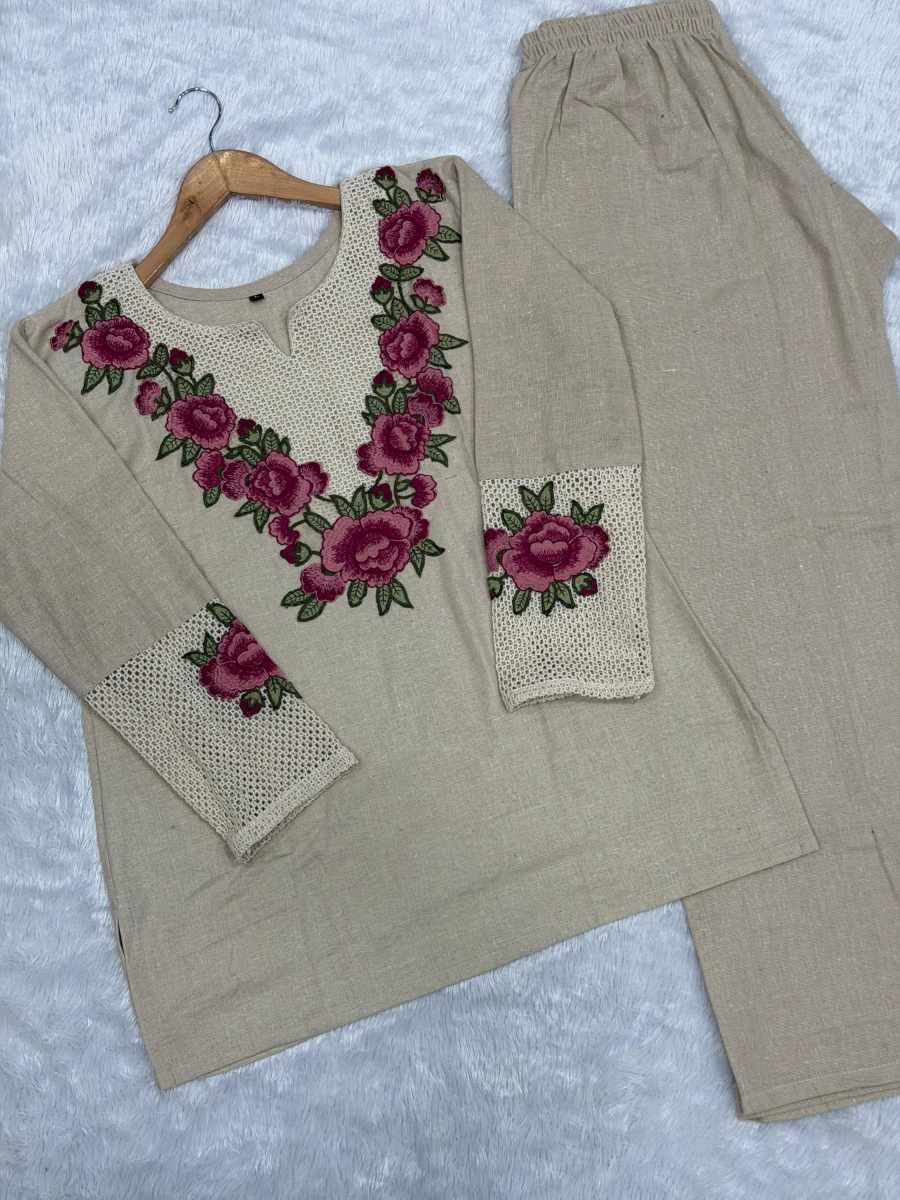 NEW ARRIVAL JUTE COTTON MULTI EMBROIDERY THREAD WORK CO-ORD SET DAILY WEAR WHOLESALE PRICE ETHNIC GARMENT (5)