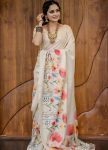 NEW ARRIVAL LINEN TISSUE SILK DIGITAL PRINT WORK SAREE WITH UNSTITCHED BLOUSE OFF WHITE