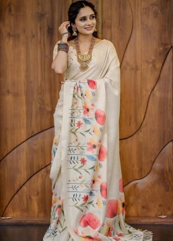 NEW ARRIVAL LINEN TISSUE SILK DIGITAL PRINT WORK SAREE WITH UNSTITCHED BLOUSE OFF WHITE
