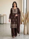 NEW ARRIVAL RAYON EMBROIDERY WORK TOP BOTTOM WITH DUPATTA BROWN