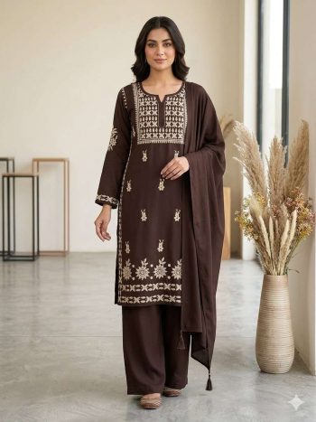 NEW ARRIVAL RAYON EMBROIDERY WORK TOP BOTTOM WITH DUPATTA BROWN