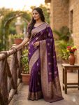 MODERN BANARASI SILK FLOWERS AND MINA & ZARI WEAVING PALLU WITH ZARI WEAVING BORDER WORK SAREE WITH UNSTITCHED BLOUSE WINE