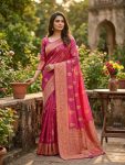 MODERN BANARASI SILK FLOWERS AND MINA & ZARI WEAVING PALLU WITH ZARI WEAVING BORDER WORK SAREE WITH UNSTITCHED BLOUSE PINK