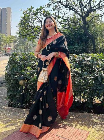 RICH LOOK BANARASI SOFT SILK MINIMALISTIC DESIGN WORK SAREE WITH UNSTITCHED BLOUSE BLACK