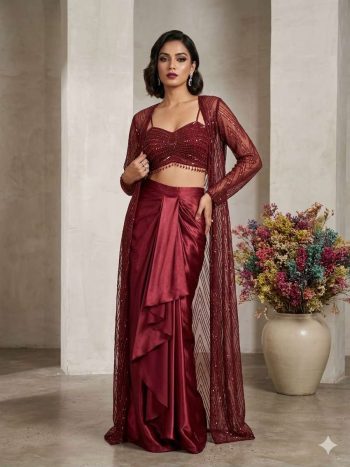 RICH LOOK BUTTERFLY NET SEQUENCE EMBROIDERY WORK BLOUES SKIRT WITH STUG MAROON