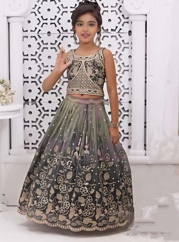 RICH LOOK CHINON SILK DIGITAL PRINT & SEQUENCE EMBROIDERY WORK KID'S LEHENGA CHOLI WITH DUPATTA TEAL