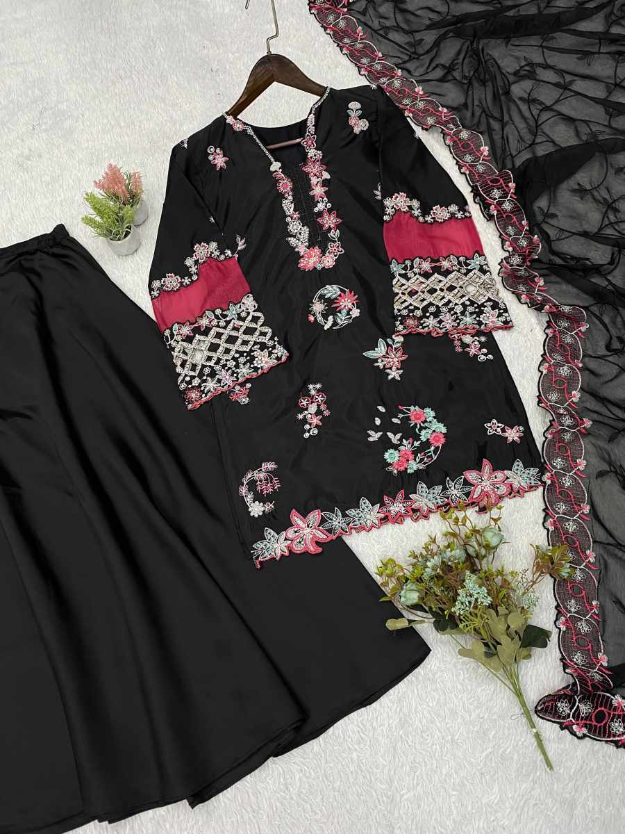 RICH LOOK CRAPE SILK SEQUENCE EMBROIDERY WITH CUT WORK TOP PALAZZO WITH DUPATTA FESTIVAL WEAR WHOLESALE PRICE ETHNIC GARMENT (18)