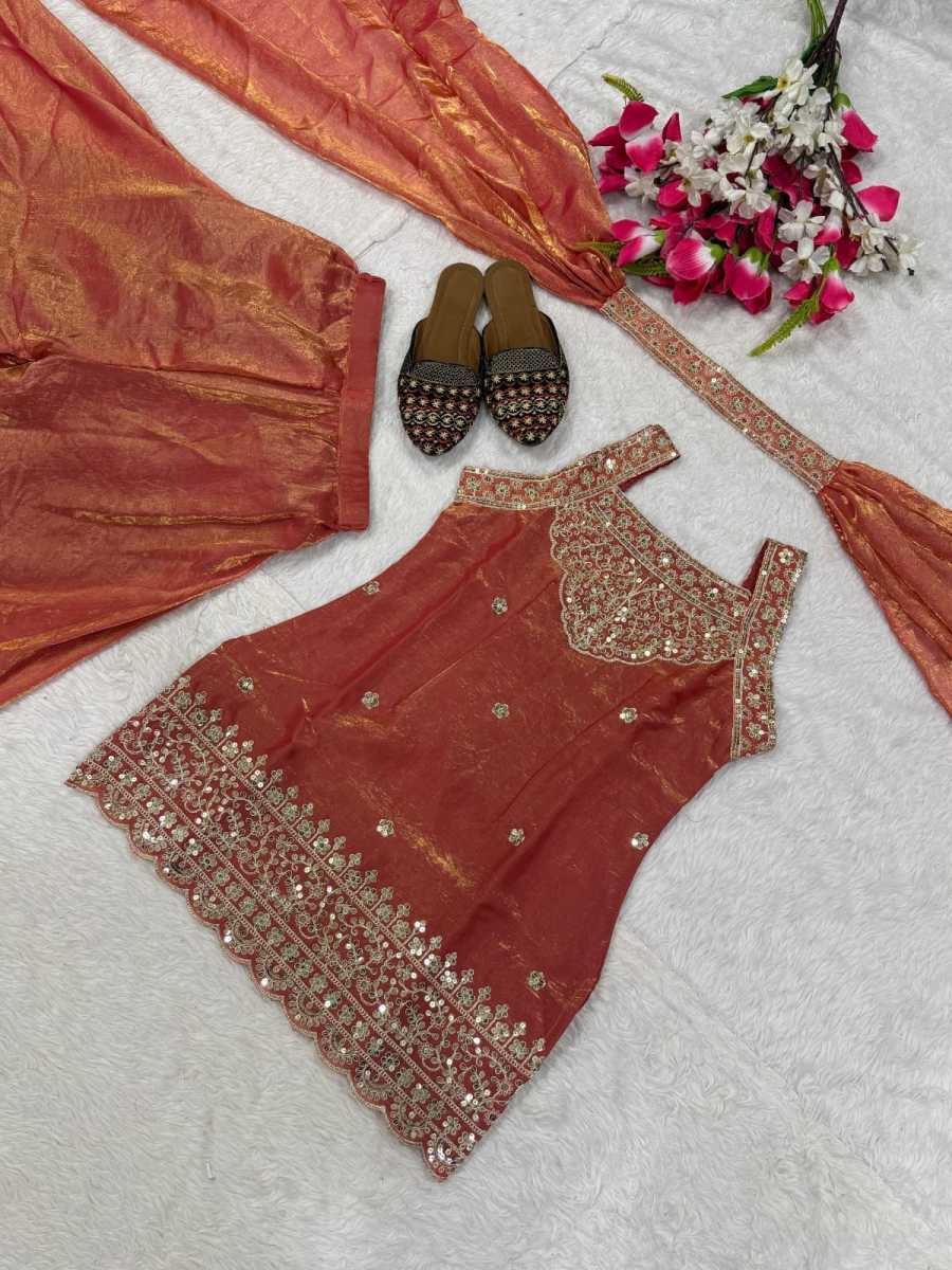 RICH LOOK FANDY SILK SEQUENCE EMBROIDERY TOP PALAZZO WITH DUPATTA WEDDING WEAR WHOLESALE PRICE ETHNIC GARMENT (1)