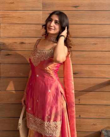 RICH LOOK FANDY SILK SEQUENCE EMBROIDERY TOP PALAZZO WITH DUPATTA PEACH