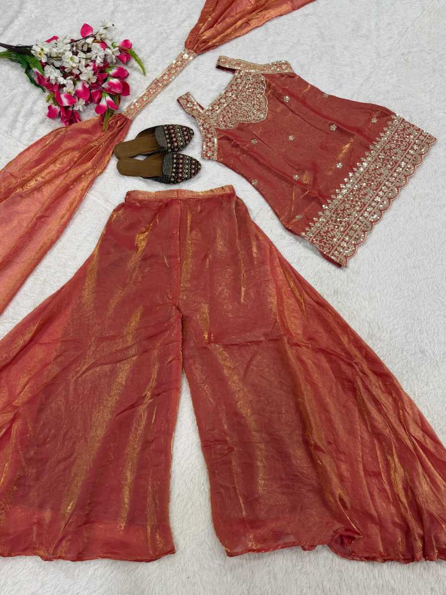 RICH LOOK FANDY SILK SEQUENCE EMBROIDERY TOP PALAZZO WITH DUPATTA WEDDING WEAR WHOLESALE PRICE ETHNIC GARMENT (20)
