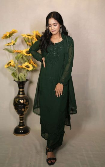 RICH LOOK GEORGETTE EMBROIDERY SEQUENCE WORK TOP PALAZZO WITH DUPATTA DARK GREEN