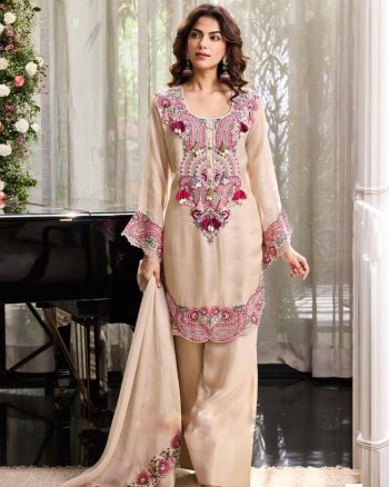RICH LOOK GEORGETTE EMBROIDERY THREAD WORK TOP PATIYALA WITH DUPATTA CREAM