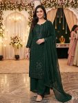 RICH LOOK GEORGETTE SEQUENCE EMBROIDERY WORK TOP PALAZZO WITH DUPATTA DARK GREEN