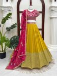 RICH LOOK GEORGETTE THREAD WITH SEQUENCE WORK  LEHENGA CHOLI WITH DUPATTA YELLOW  AND PINK