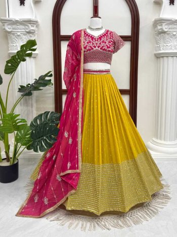 RICH LOOK GEORGETTE THREAD WITH SEQUENCE WORK  LEHENGA CHOLI WITH DUPATTA YELLOW  AND PINK