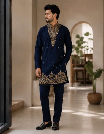 RICH LOOK LACHKA GOLD EMBROIDERY KURTA PENT NAVY BLUE