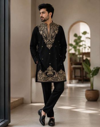 RICH LOOK LACHKA GOLD EMBROIDERY KURTA PENT BLACK