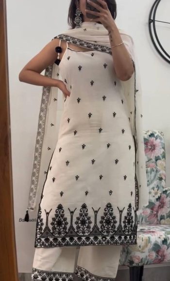 RICH LOOK MASKA COTTON SILK FANCY BORDER WITH MULTI NEEDLE, SEQUENCE, EMBROIDERY WORK TOP BOTTOM WITH DUPATTA WHITE AND BLACK
