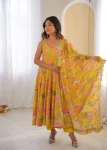 RICH LOOK MUSLIN FLORAL PRINT WORK GOWN BOTTOM WITH DUPATTA YELLOW