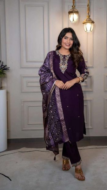 RICH LOOK ROMAN SILK EMBROIDERY WORK TOP BOTTOM WITH DUPATTA WINE
