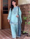 RICH LOOK SATIN RAYON EMBROIDERY WORK WITH FANCY GPU LACE BORDER WORK TOP PATIYALA WITH DUPATTA SKY