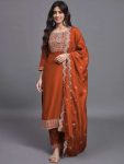RICH LOOK SLUB COTTON EMBROIDERY WORK TOP BOTTOM WITH DUPATTA ORANGE