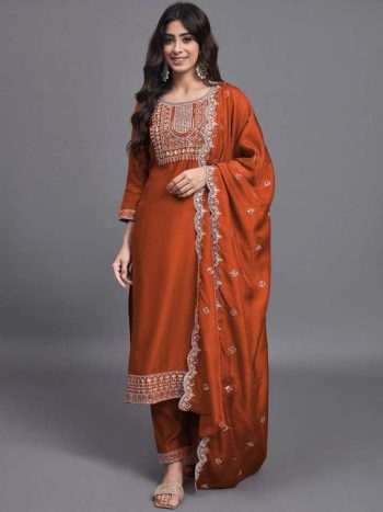 RICH LOOK SLUB COTTON EMBROIDERY WORK TOP BOTTOM WITH DUPATTA ORANGE
