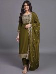 RICH LOOK SLUB COTTON EMBROIDERY WORK TOP BOTTOM WITH DUPATTA MEHNDI