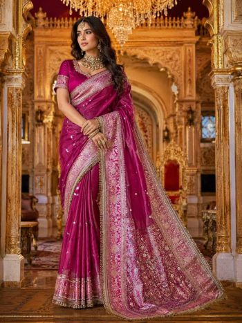 RICH LOOK SOFT TISSUE HEAVY MIRROR WORK AND MOTI WORK SAREE WITH UNSTITCHED BLOUSE RANI