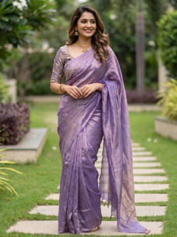 RICH LOOK SPACE SILK PLAIN SAREE WITH HANDWORK SEQUENCE WORK UNSTITCHED BLOUSE LAVENDER