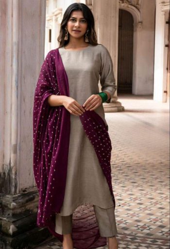 TRENDING CHANDERI SILK TOP BOTTOM WITH DUPATTA WINE