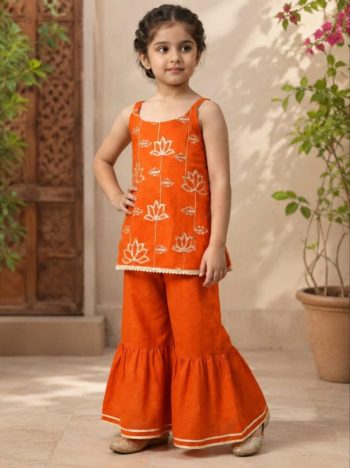 TRENDING COTTON BLEND EMBROIDERY WORK KID'S TOP SHARARA SET ORANGE