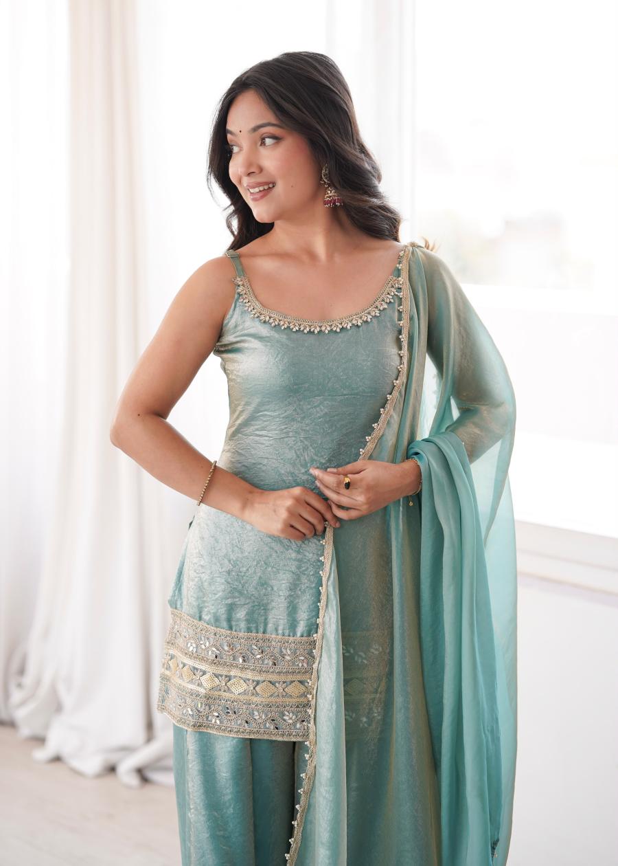 TRENDING DOREMON CRUSH REAL MIRROR AND EMBROIDERY SEQUENCE WORK TOP PALAZZO WITH DUPATTA WEDDING WEAR WHOLESALE PRICE ETHNIC GARMENT (20)
