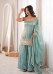 TRENDING DOREMON CRUSH REAL MIRROR AND EMBROIDERY SEQUENCE WORK TOP PALAZZO WITH DUPATTA SKY