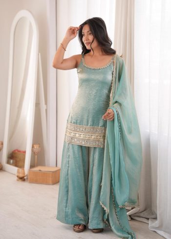 TRENDING DOREMON CRUSH REAL MIRROR AND EMBROIDERY SEQUENCE WORK TOP PALAZZO WITH DUPATTA SKY
