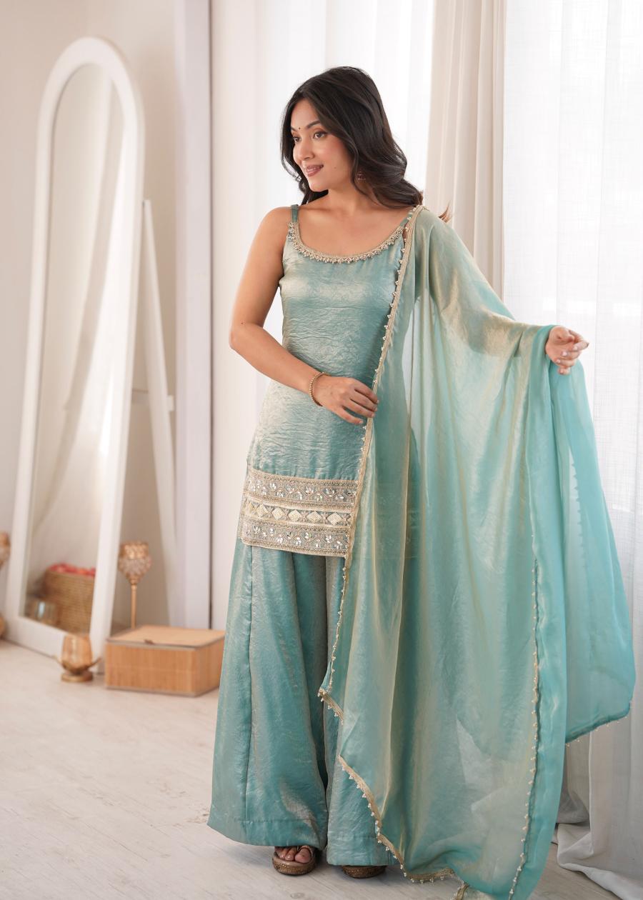 TRENDING DOREMON CRUSH REAL MIRROR AND EMBROIDERY SEQUENCE WORK TOP PALAZZO WITH DUPATTA WEDDING WEAR WHOLESALE PRICE ETHNIC GARMENT (25)
