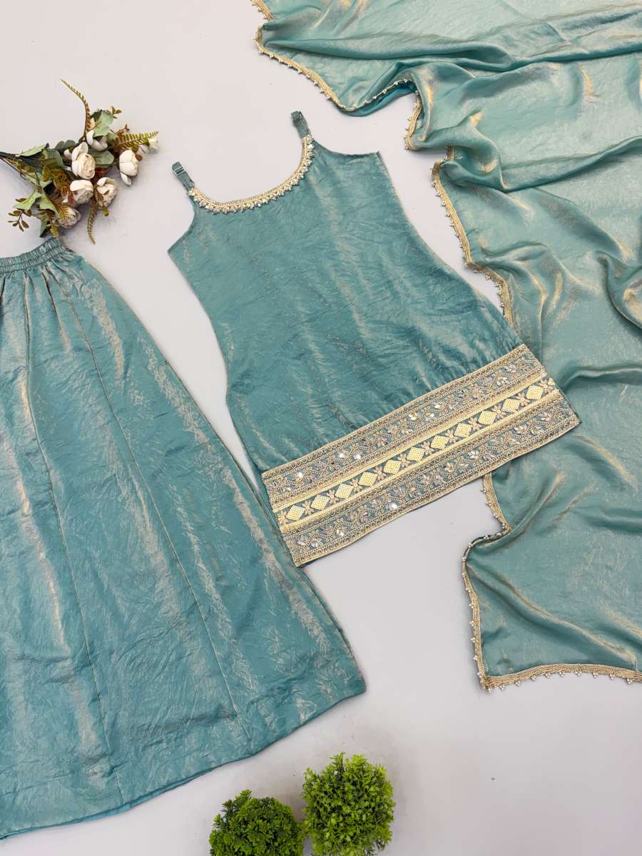 TRENDING DOREMON CRUSH REAL MIRROR AND EMBROIDERY SEQUENCE WORK TOP PALAZZO WITH DUPATTA WEDDING WEAR WHOLESALE PRICE ETHNIC GARMENT (30)